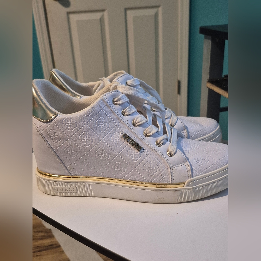 GUESS Women's White Sneakers with Gold Accents